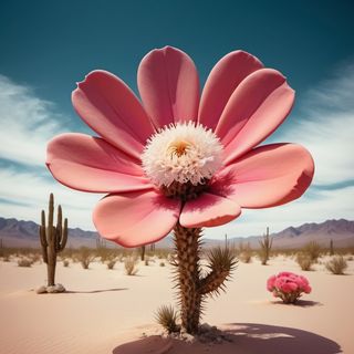 Blossoming flower in the desert with blue sky and mountain on the background.