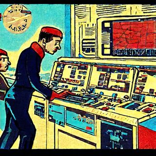 Soviet man in the music laboratory surrounded by knobs, cross-faders and push buttons.